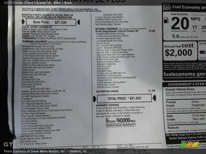  2020 Grand Caravan SE Window Sticker