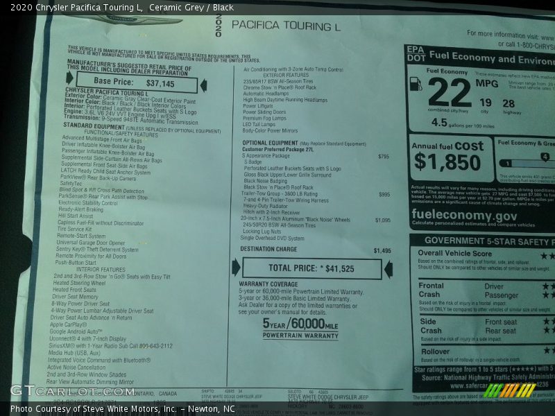 Ceramic Grey / Black 2020 Chrysler Pacifica Touring L