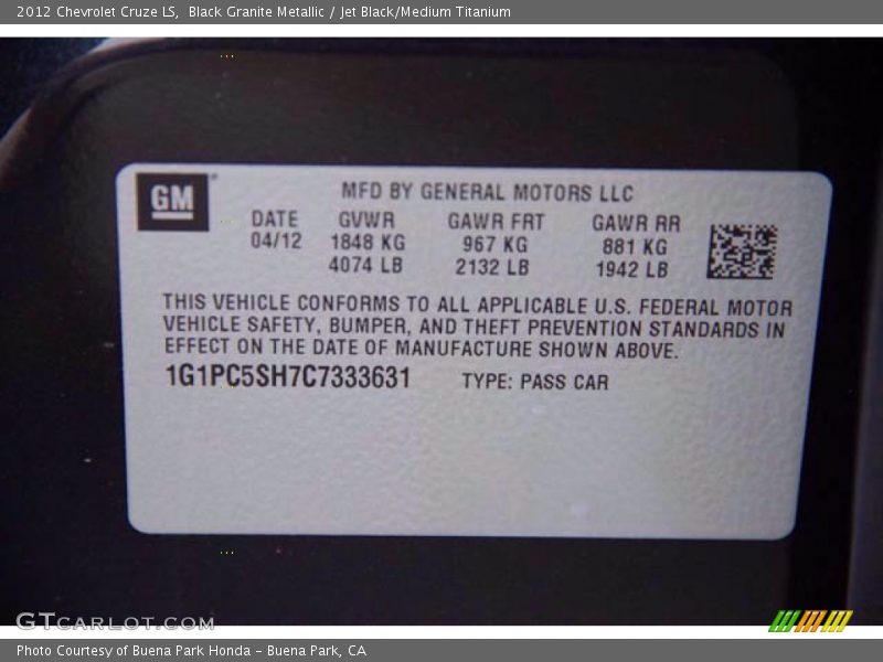 Black Granite Metallic / Jet Black/Medium Titanium 2012 Chevrolet Cruze LS