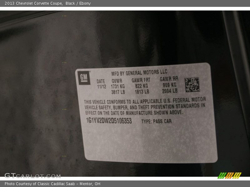 Black / Ebony 2013 Chevrolet Corvette Coupe