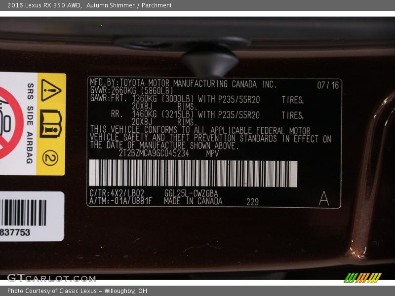 2016 RX 350 AWD Autumn Shimmer Color Code 4X2