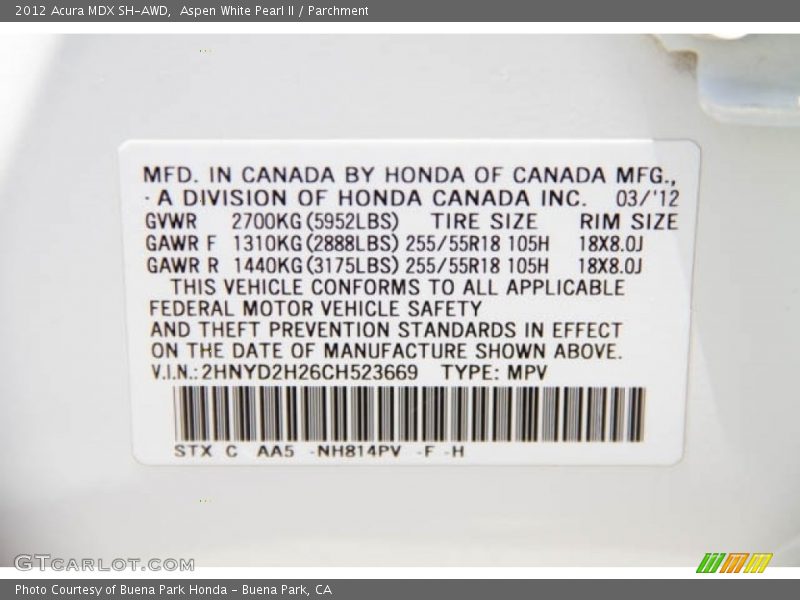 Aspen White Pearl II / Parchment 2012 Acura MDX SH-AWD