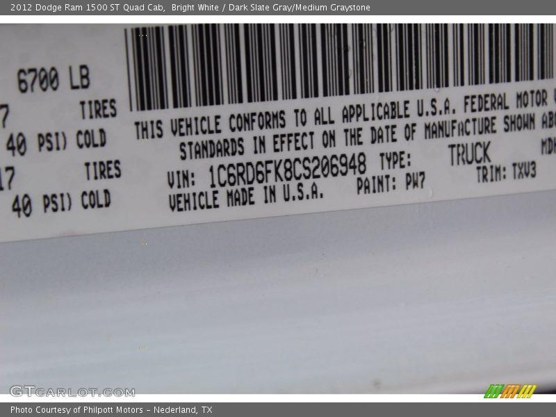 Bright White / Dark Slate Gray/Medium Graystone 2012 Dodge Ram 1500 ST Quad Cab