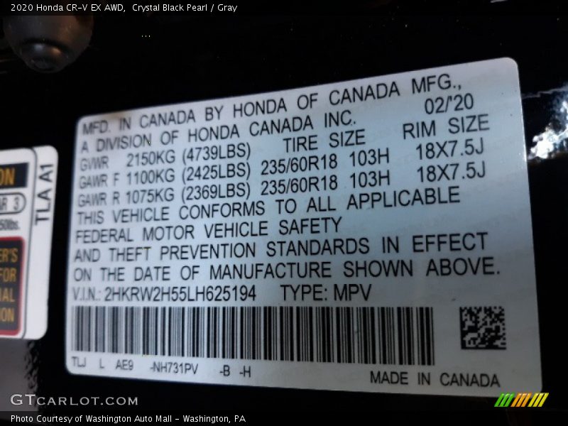 Crystal Black Pearl / Gray 2020 Honda CR-V EX AWD