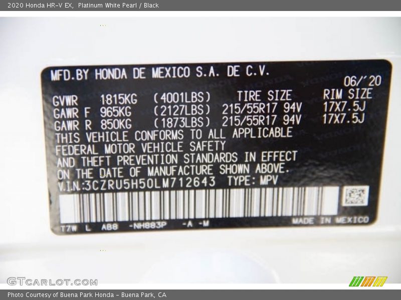 Platinum White Pearl / Black 2020 Honda HR-V EX