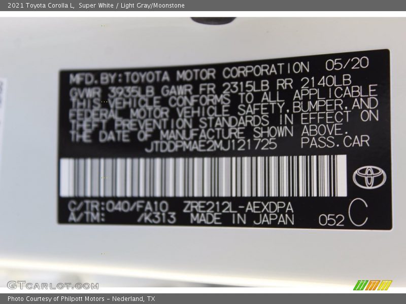 Super White / Light Gray/Moonstone 2021 Toyota Corolla L