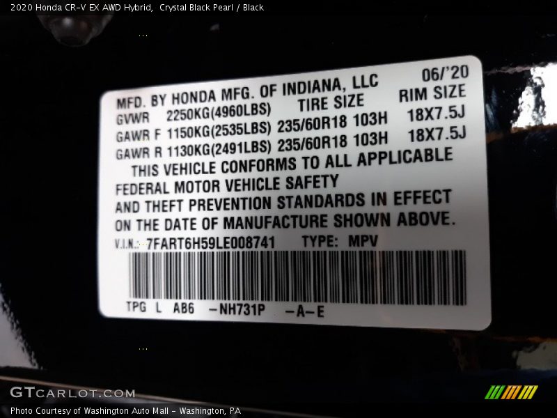 2020 CR-V EX AWD Hybrid Crystal Black Pearl Color Code NH731P