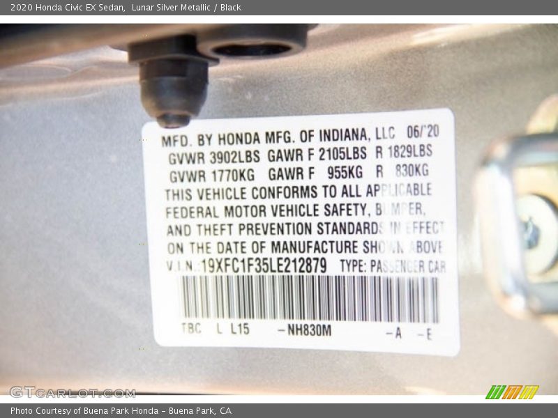 Lunar Silver Metallic / Black 2020 Honda Civic EX Sedan