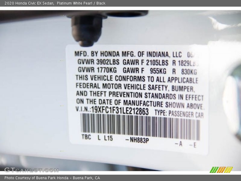Platinum White Pearl / Black 2020 Honda Civic EX Sedan
