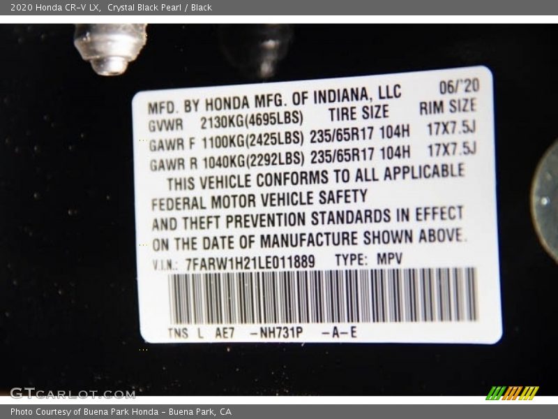 2020 CR-V LX Crystal Black Pearl Color Code NH731P