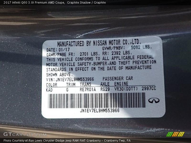 2017 Q60 3.0t Premium AWD Coupe Graphite Shadow Color Code KAD