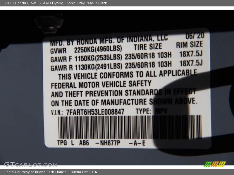 2020 CR-V EX AWD Hybrid Sonic Gray Pearl Color Code NH877P