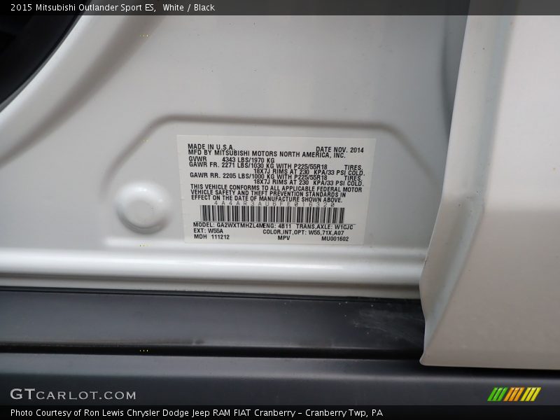 2015 Outlander Sport ES White Color Code W55
