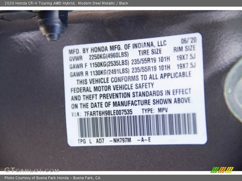 2020 CR-V Touring AWD Hybrid Modern Steel Metallic Color Code NH797M