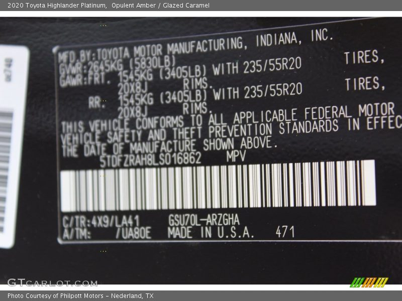 2020 Highlander Platinum Opulent Amber Color Code 4X9