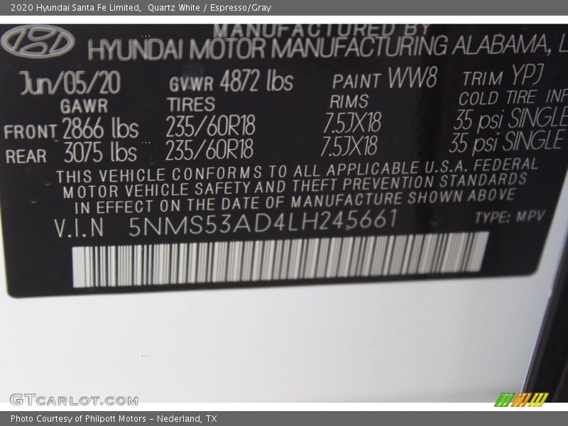 Quartz White / Espresso/Gray 2020 Hyundai Santa Fe Limited