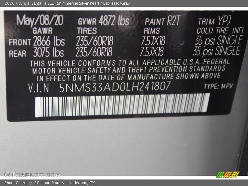 Shimmering Silver Pearl / Espresso/Gray 2020 Hyundai Santa Fe SEL