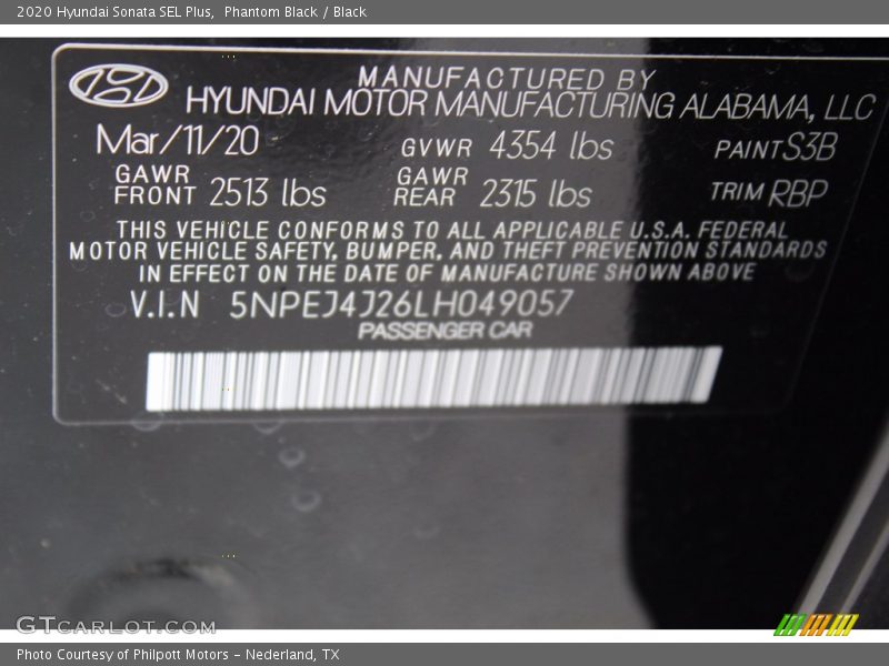 Phantom Black / Black 2020 Hyundai Sonata SEL Plus