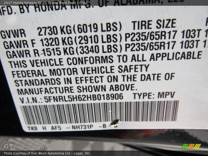 Crystal Black Pearl / Gray 2017 Honda Odyssey EX-L
