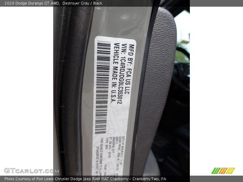 Destroyer Gray / Black 2020 Dodge Durango GT AWD