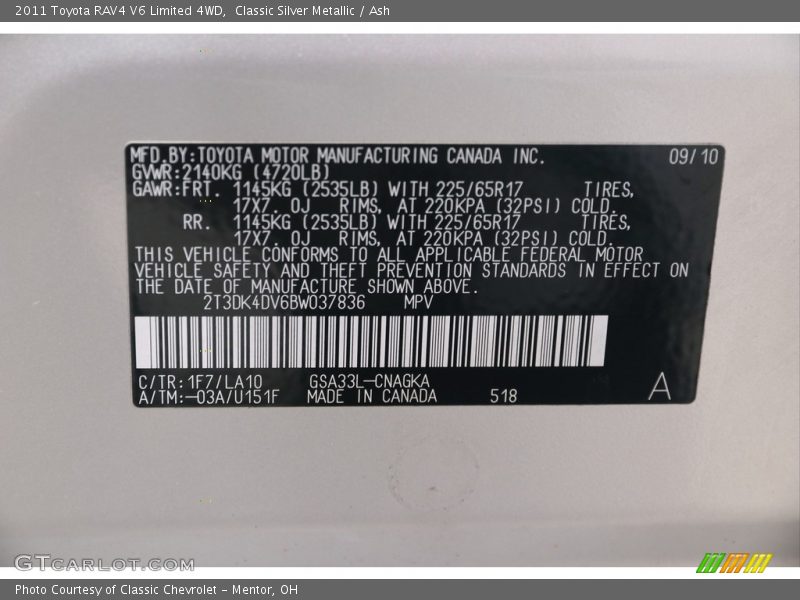 Classic Silver Metallic / Ash 2011 Toyota RAV4 V6 Limited 4WD