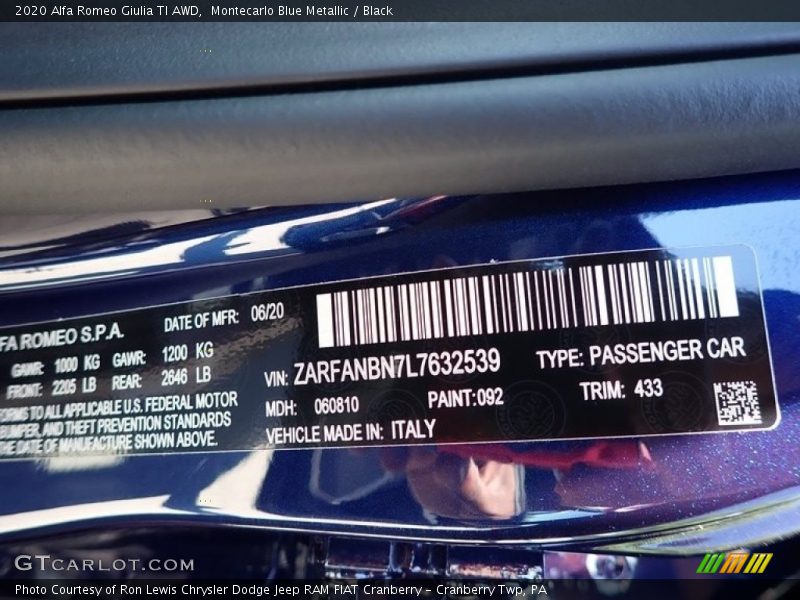 2020 Giulia TI AWD Montecarlo Blue Metallic Color Code 092