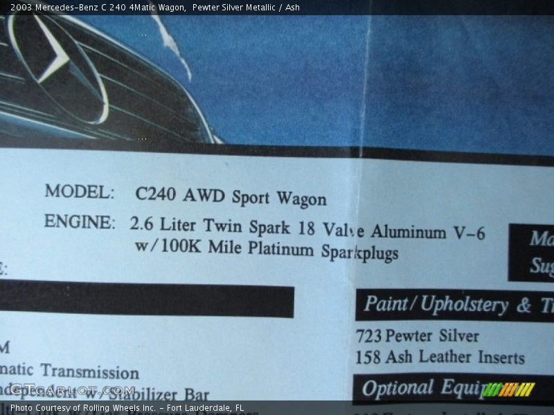  2003 C 240 4Matic Wagon Window Sticker