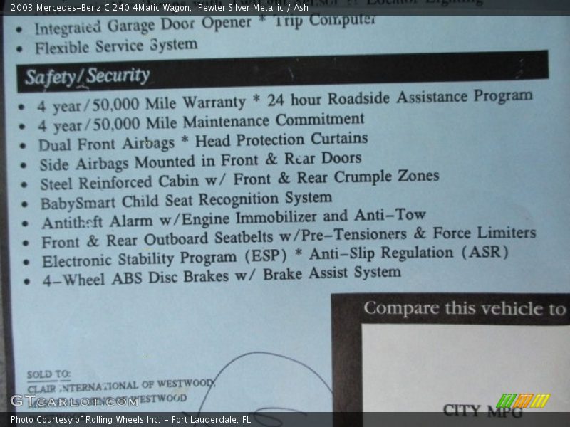  2003 C 240 4Matic Wagon Window Sticker