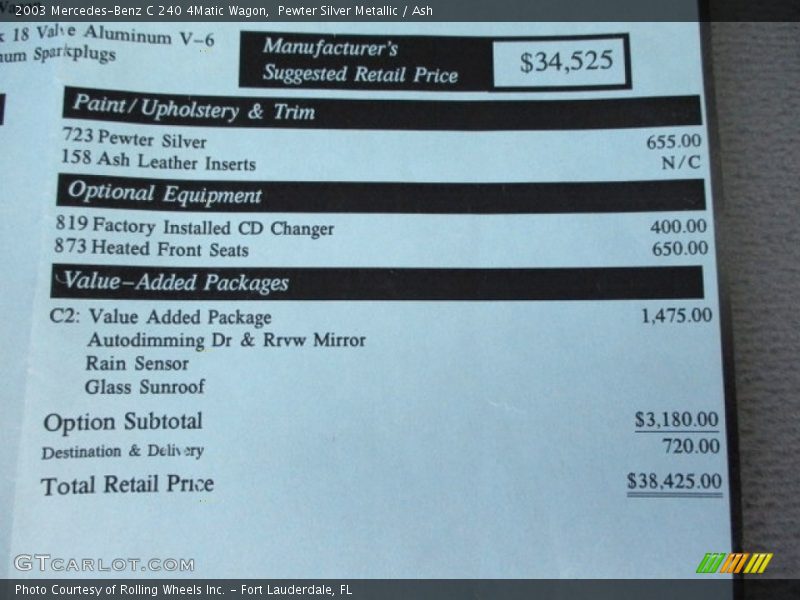  2003 C 240 4Matic Wagon Window Sticker