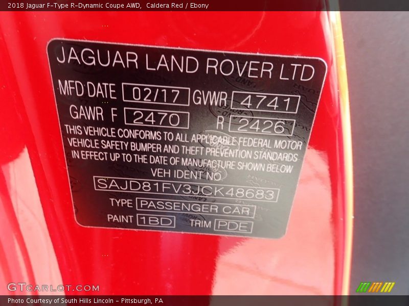2018 F-Type R-Dynamic Coupe AWD Caldera Red Color Code 1BD