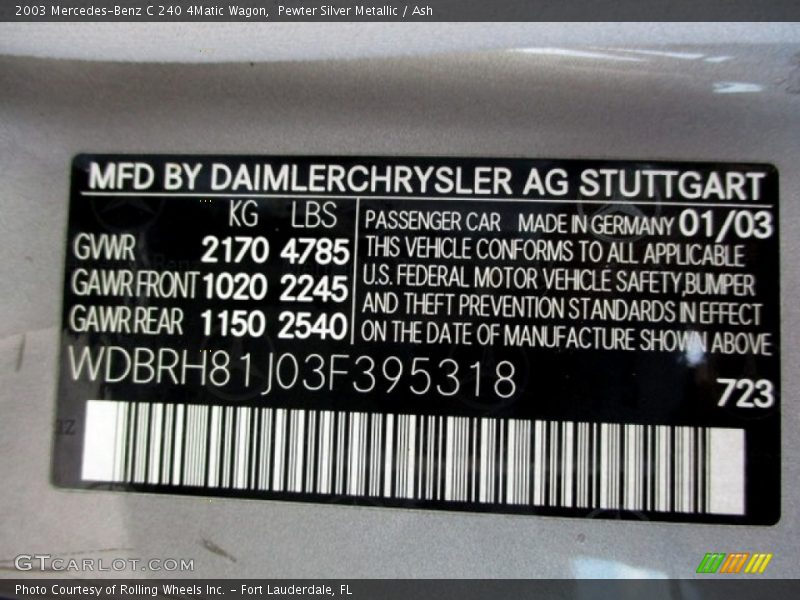 2003 C 240 4Matic Wagon Pewter Silver Metallic Color Code 723