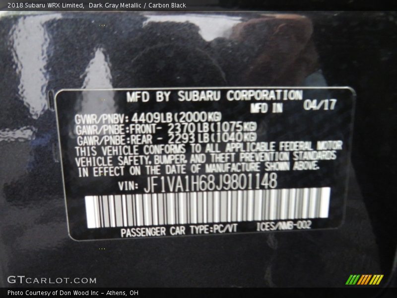 Dark Gray Metallic / Carbon Black 2018 Subaru WRX Limited