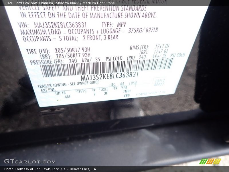 Shadow Black / Medium Light Stone 2020 Ford EcoSport Titanium