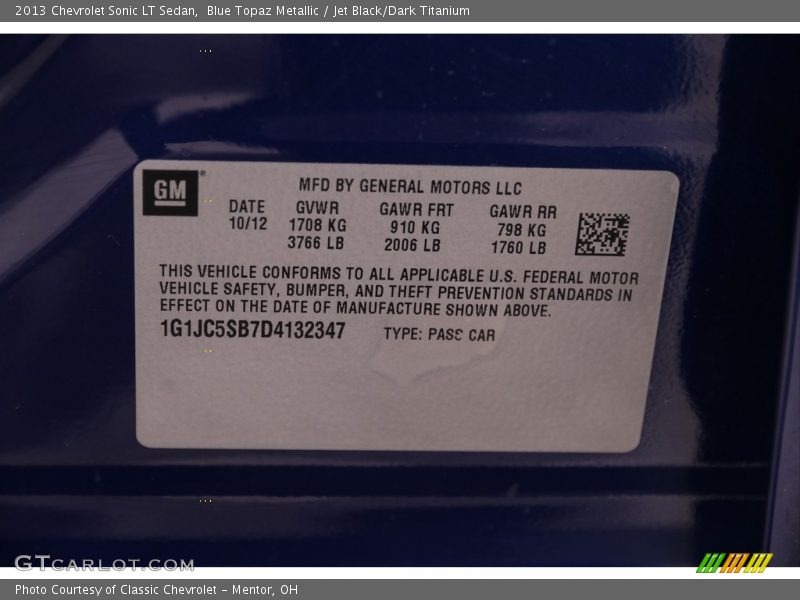 Blue Topaz Metallic / Jet Black/Dark Titanium 2013 Chevrolet Sonic LT Sedan