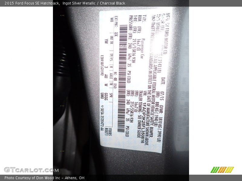 Ingot Silver Metallic / Charcoal Black 2015 Ford Focus SE Hatchback