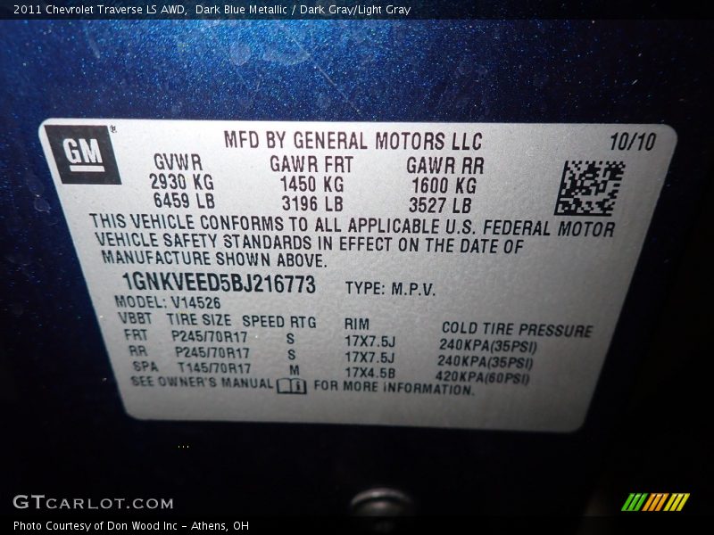 Dark Blue Metallic / Dark Gray/Light Gray 2011 Chevrolet Traverse LS AWD