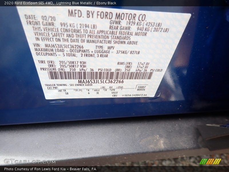 Lightning Blue Metallic / Ebony Black 2020 Ford EcoSport SES 4WD