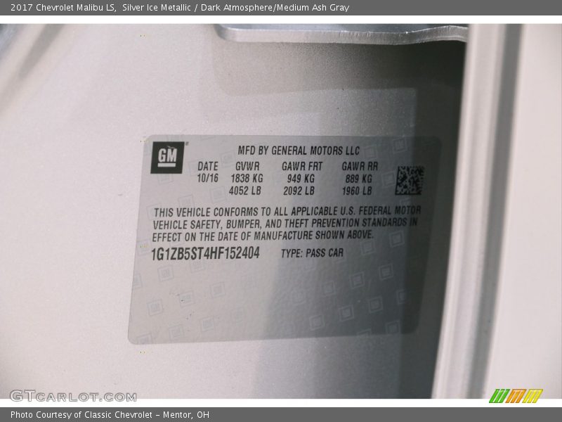 Silver Ice Metallic / Dark Atmosphere/Medium Ash Gray 2017 Chevrolet Malibu LS