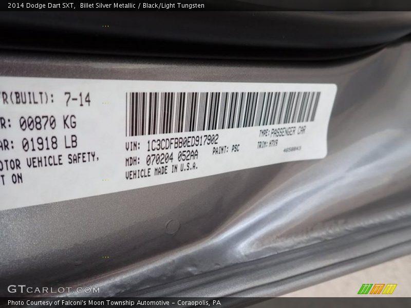 Billet Silver Metallic / Black/Light Tungsten 2014 Dodge Dart SXT