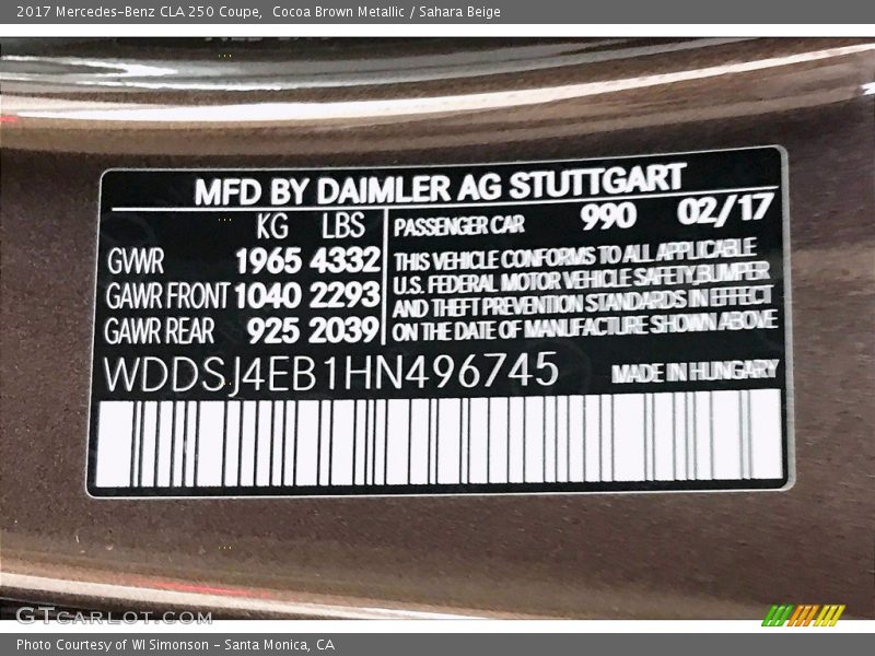 2017 CLA 250 Coupe Cocoa Brown Metallic Color Code 990