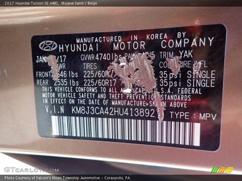 Mojave Sand / Beige 2017 Hyundai Tucson SE AWD