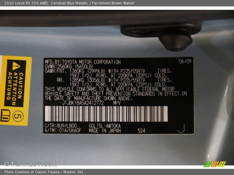 Cerulean Blue Metallic / Parchment/Brown Walnut 2010 Lexus RX 350 AWD