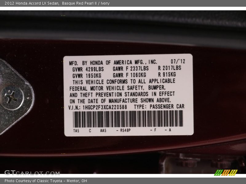 Basque Red Pearl II / Ivory 2012 Honda Accord LX Sedan