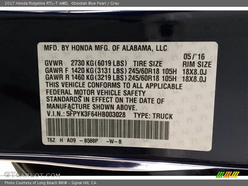 Obsidian Blue Pearl / Gray 2017 Honda Ridgeline RTL-T AWD