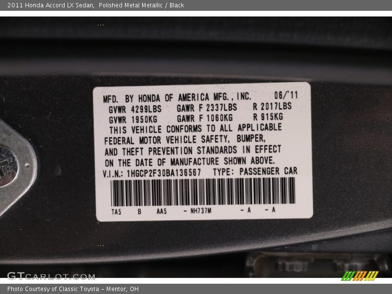 Polished Metal Metallic / Black 2011 Honda Accord LX Sedan