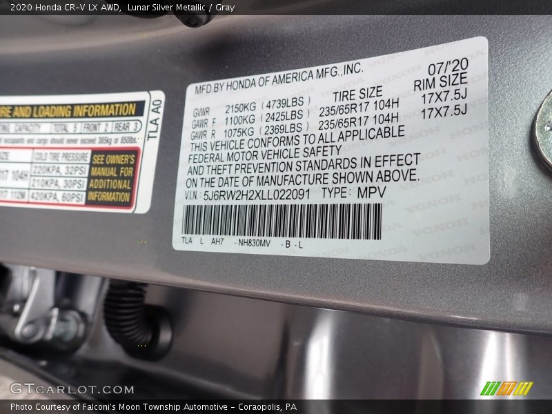 2020 CR-V LX AWD Lunar Silver Metallic Color Code NH830MV