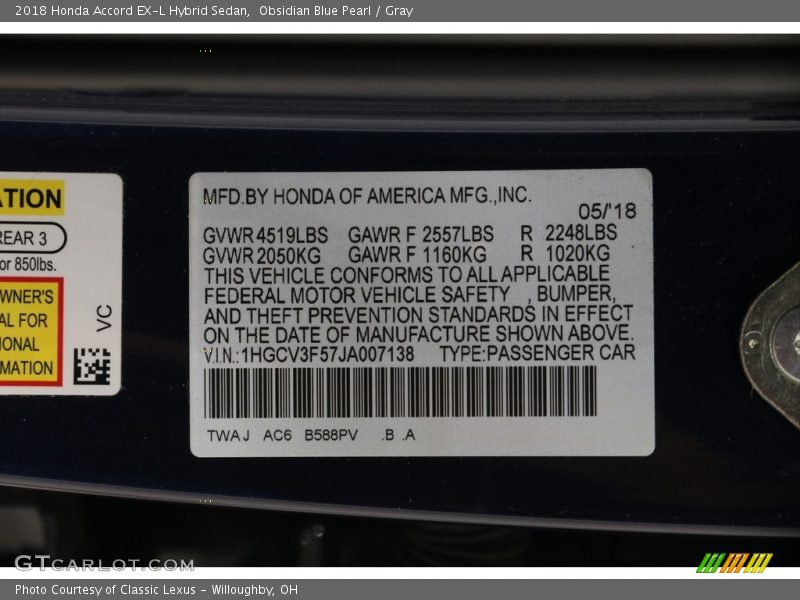 2018 Accord EX-L Hybrid Sedan Obsidian Blue Pearl Color Code B588PV