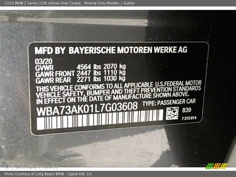 2020 2 Series 228i xDrive Gran Coupe Mineral Grey Metallic Color Code B39