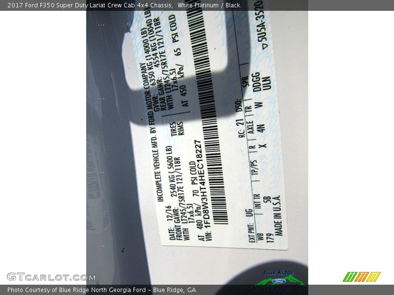 2017 F350 Super Duty Lariat Crew Cab 4x4 Chassis White Platinum Color Code UG