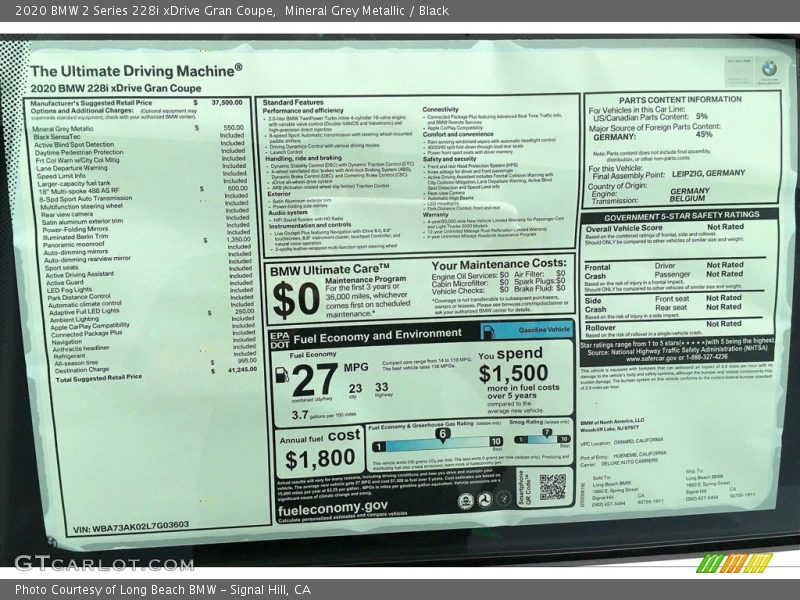  2020 2 Series 228i xDrive Gran Coupe Window Sticker